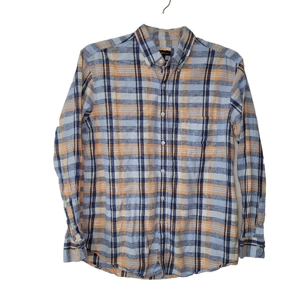 Club Room Shirt Mens L Blue Peach Linen Long Sleeve Button-Down Pocket Beach‎